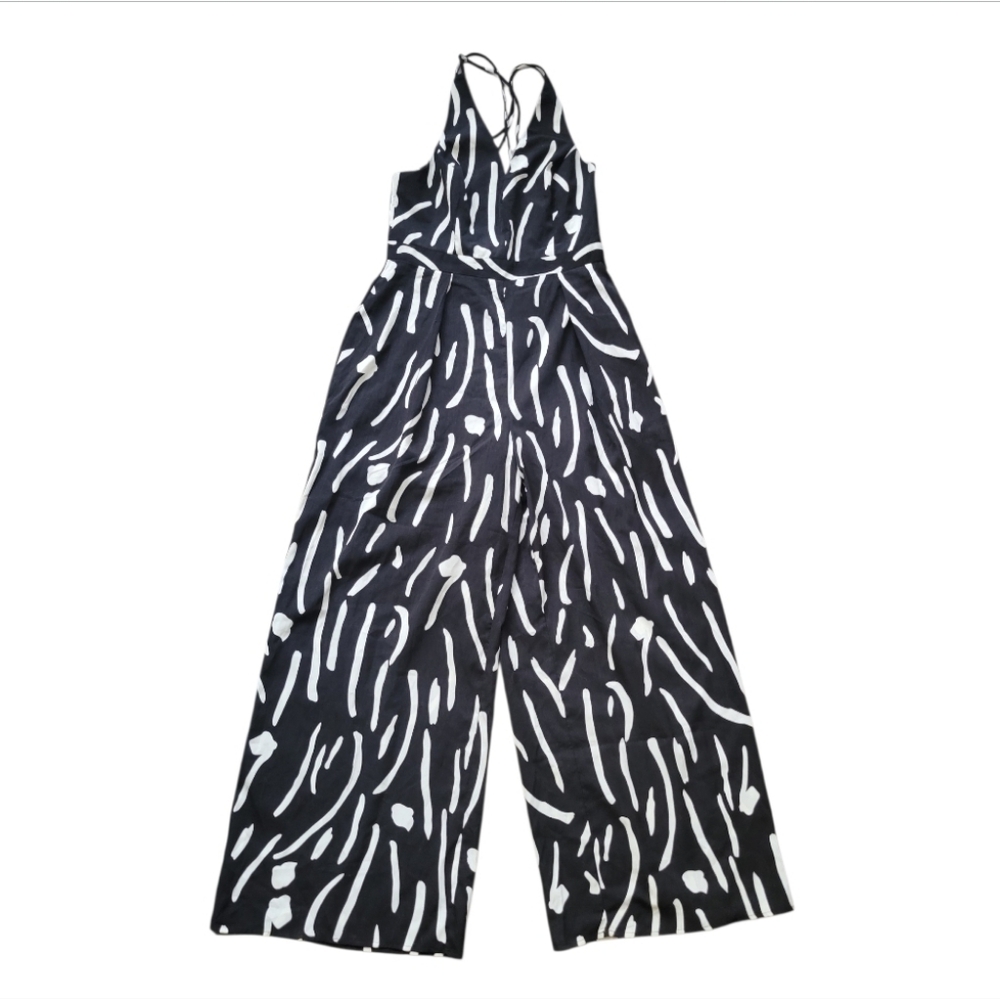 Akira Wide Leg Jumpsuit Spaghetti Strap X Back V Neck Black & White LG